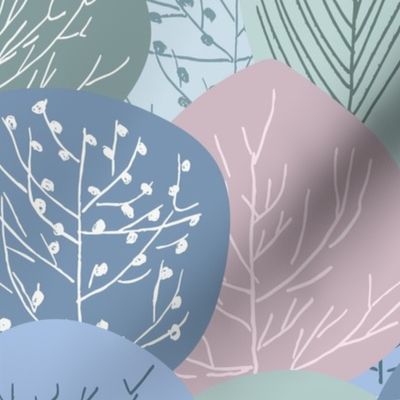 Large Scale Pastel Forest Blue Pink Green Folk Trees