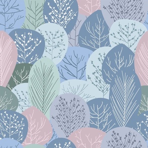 Large Scale Pastel Forest Blue Pink Green Folk Trees
