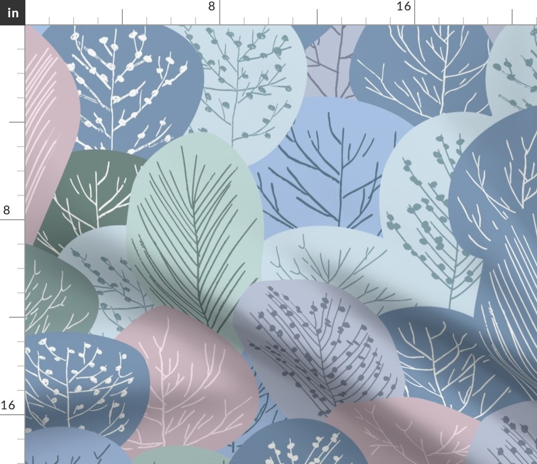 Large Scale Pastel Forest Blue Pink Green Folk Trees