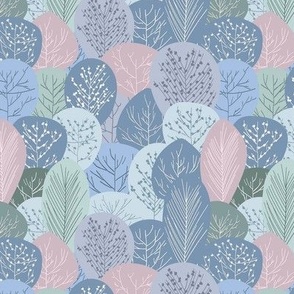 Small Scale Pastel Forest Blue Pink Green Folk Trees