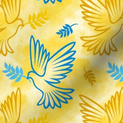Bigger Scale Peace Doves and Olive Branches Yellow Gold and Blue