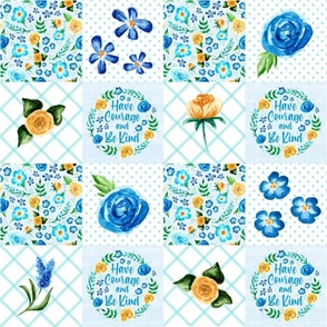 Bigger Scale Patchwork 6" Squares Have Courage and Be Kind Blue and Yellow Floral for Cheater Quilt or Blanket