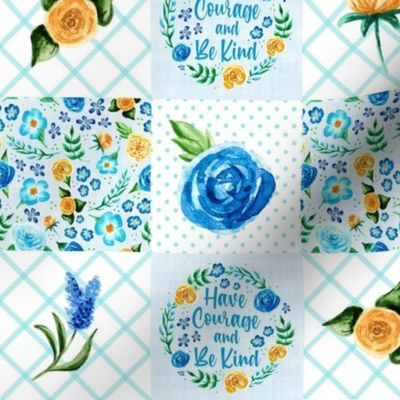 Smaller Scale Patchwork 3" Squares Have Courage and Be Kind Blue and Yellow Floral for Cheater Quilt or Blanket