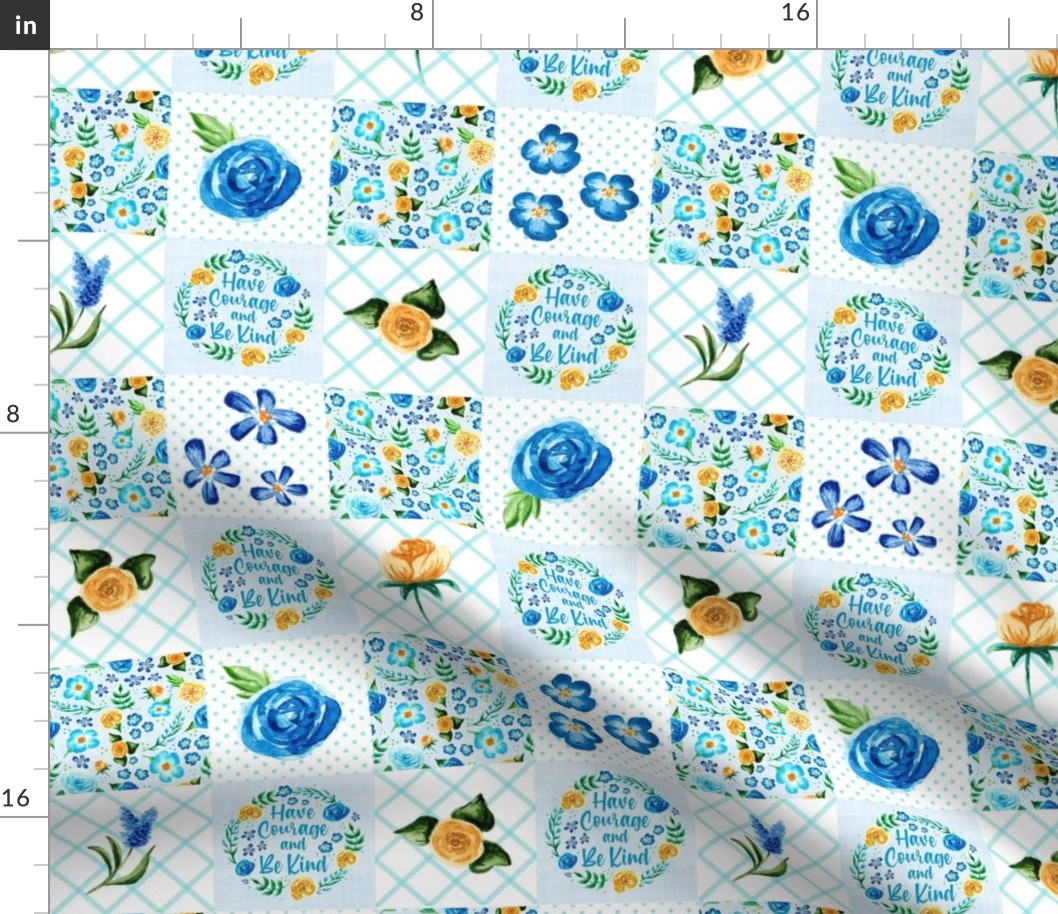 Smaller Scale Patchwork 3" Squares Have Courage and Be Kind Blue and Yellow Floral for Cheater Quilt or Blanket
