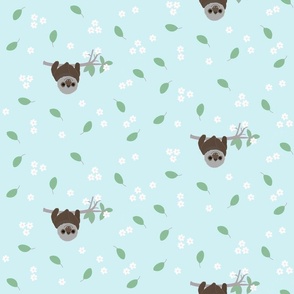 Tiny sloths and flowers on blue