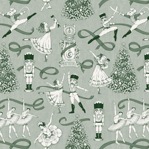 Nutcracker Toile Green & White Linen - Large