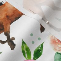 Large Scale Wild and Free Horses and Pink Watercolor Roses 