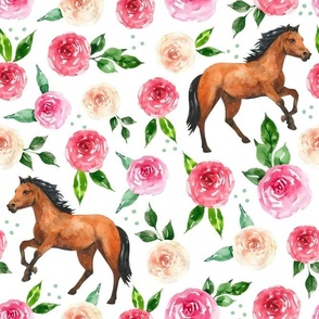 Large Scale Wild and Free Horses and Pink Watercolor Roses 
