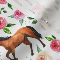 Medium Scale Wild and Free Horses and Pink Watercolor Roses 