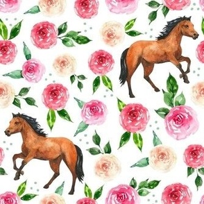Medium Scale Wild and Free Horses and Pink Watercolor Roses 