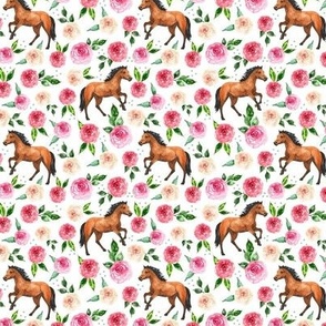 Small Scale Wild and Free Horses and Pink Watercolor Roses 