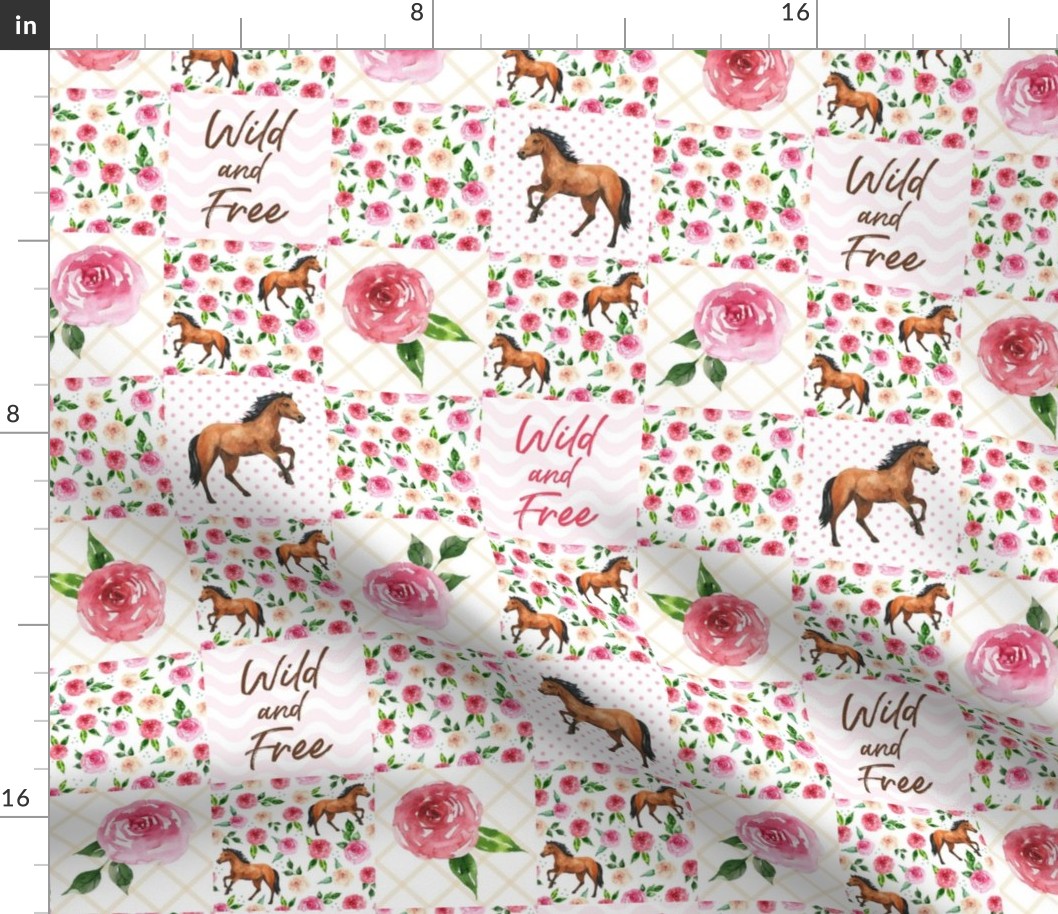 Smaller Scale Patchwork 3" Squares Wild and Free Horses and Roses for Cheater Quilt or Blanket