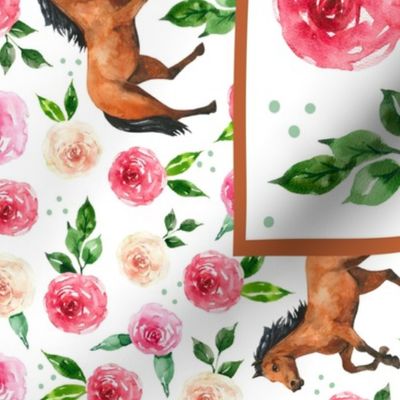 Large 27x18 Fat Quarter Panel Wild and Free Horses and Pink Roses for Wall Hanging or Tea Towel