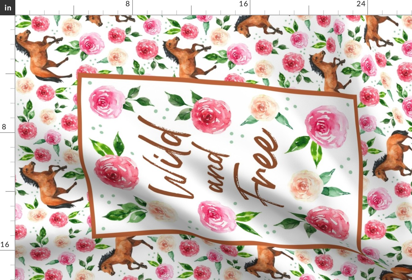 Large 27x18 Fat Quarter Panel Wild and Free Horses and Pink Roses for Wall Hanging or Tea Towel