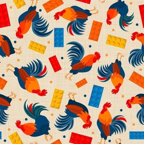 Large Scale Sarcastic Roosters and Colorful Blocks