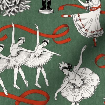 Nutcracker Toile Black and White with Green Linen - Large