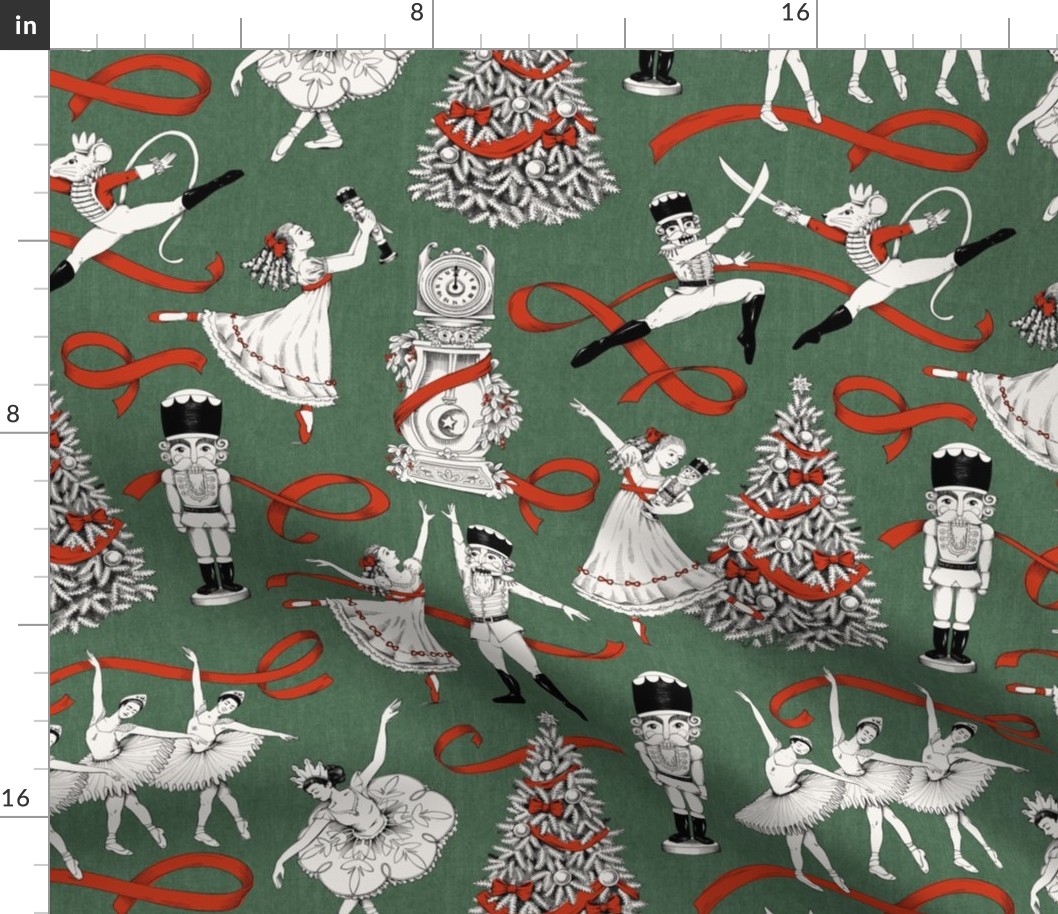 Nutcracker Toile Black and White with Green Linen - Large