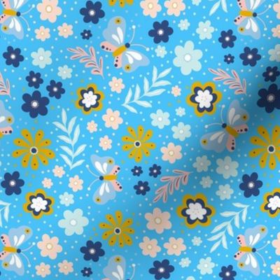 Medium Scale Butterfly Folk Floral in Blue Gold Pink Mint