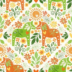 Large Scale Dala Horses in Spring Maximalist Folk Retro Green Orange Yellow Mod Flowers