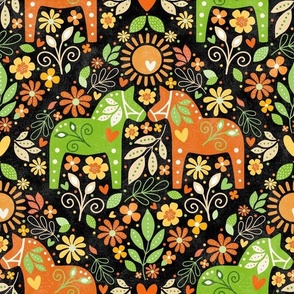 Medium Scale Dala Horses in Spring Maximalist Folk Retro Green Orange Yellow Mod Flowers