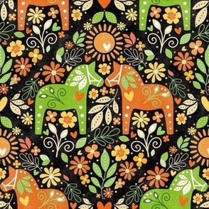 Small Scale Dala Horses in Spring Maximalist Folk Retro Green Orange Yellow Mod Flowers