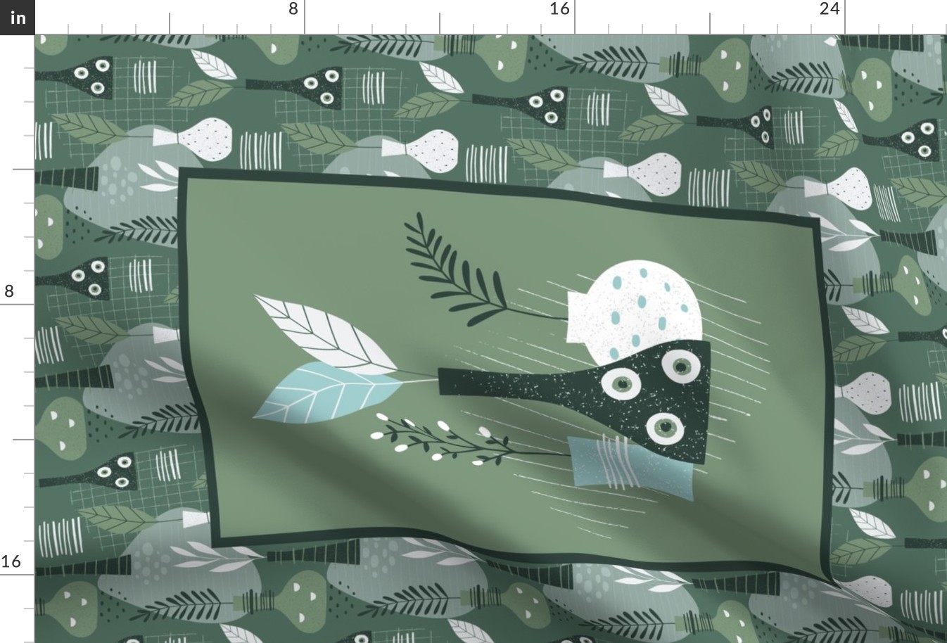 Large 27x18 Fat Quarter Panel Bud Vases Fern Stems in Moss Green White Aqua for Wall Hanging or Kitchen Tea Towel