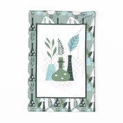 Large 27x18 Fat Quarter Panel Bud Vases Fern Stems in Moss Green White Aqua for Wall Hanging or Kitchen Tea Towel