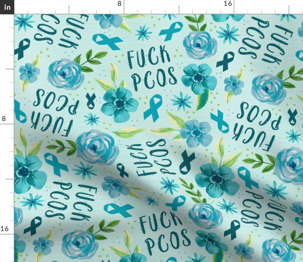 Large Scale Fuck PCOS Teal Ribbon and Flowers Awareness and Support