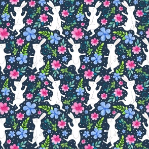 Large Scale Dancing White Rabbits Easter Bunny Pink and Blue Floral on Navy