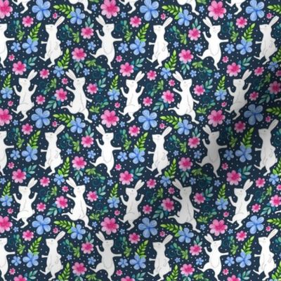 Small Scale Dancing White Rabbits Easter Bunny Pink and Blue Floral on Navy