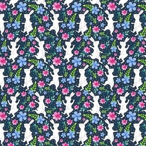 Small Scale Dancing White Rabbits Easter Bunny Pink and Blue Floral on Navy