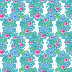 Large Scale Dancing White Rabbits Easter Bunny Pink and Blue Floral on Aqua