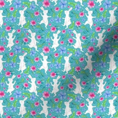 Small Scale Dancing White Rabbits Easter Bunny Pink and Blue Floral on Aqua