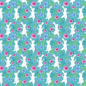 Small Scale Dancing White Rabbits Easter Bunny Pink and Blue Floral on Aqua