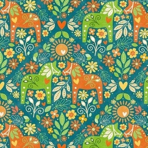 Small Scale Dala Horses in Spring Maximalist Folk Retro Green Orange Yellow Mod Flowers