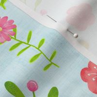 Large Scale Dainty Watercolor Floral Pink Yellow Green Stems and Flowers on Pale Blue