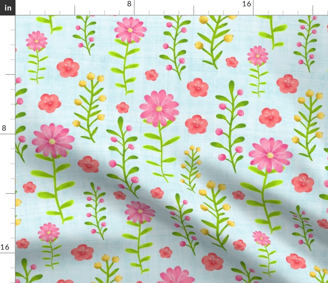 Large Scale Dainty Watercolor Floral Pink Yellow Green Stems and Flowers on Pale Blue
