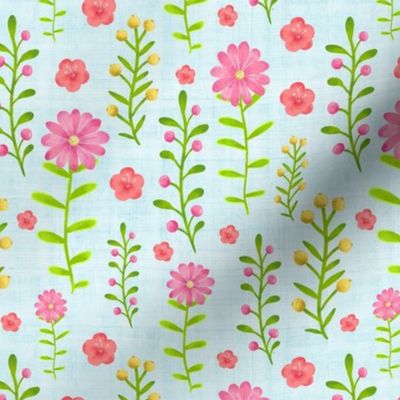 Medium Scale Dainty Watercolor Floral Pink Yellow Green Stems and Flowers on Pale Blue