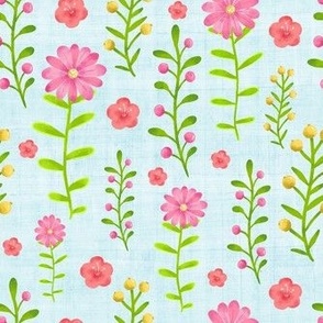 Medium Scale Dainty Watercolor Floral Pink Yellow Green Stems and Flowers on Pale Blue