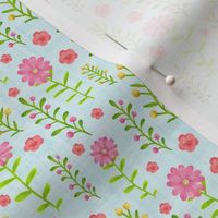 Small Scale Dainty Watercolor Floral Pink Yellow Green Stems and Flowers on Pale Blue
