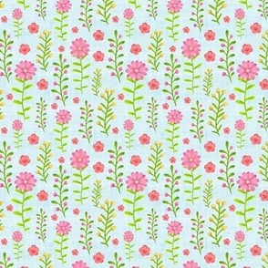 Small Scale Dainty Watercolor Floral Pink Yellow Green Stems and Flowers on Pale Blue