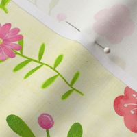 Large Scale Dainty Watercolor Floral Pink Yellow Green Stems and Flowers on Pale Yellow