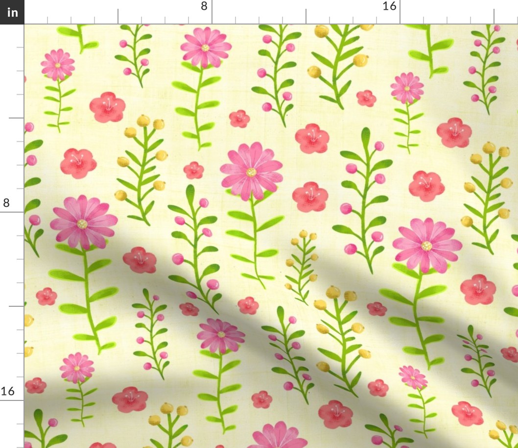 Large Scale Dainty Watercolor Floral Pink Yellow Green Stems and Flowers on Pale Yellow