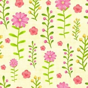 Medium Scale Dainty Watercolor Floral Pink Yellow Green Stems and Flowers on Pale Yellow