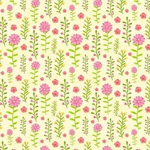 Small Scale Dainty Watercolor Floral Pink Yellow Green Stems and Flowers on Pale Yellow