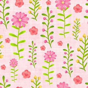 Large Scale Dainty Watercolor Floral Pink Yellow Green Stems and Flowers on Pale Pink