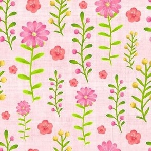 Medium Scale Dainty Watercolor Floral Pink Yellow Green Stems and Flowers on Pale Pink