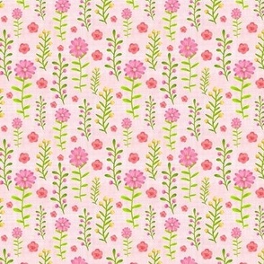 Small Scale Dainty Watercolor Floral Pink Yellow Green Stems and Flowers on Pale Pink
