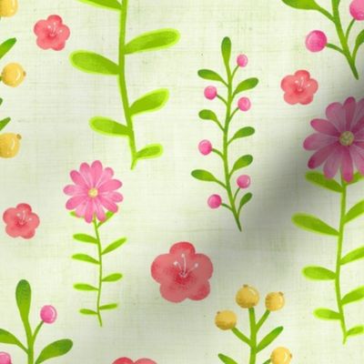 Large Scale Dainty Watercolor Floral Pink Yellow Green Stems and Flowers on Pale Green