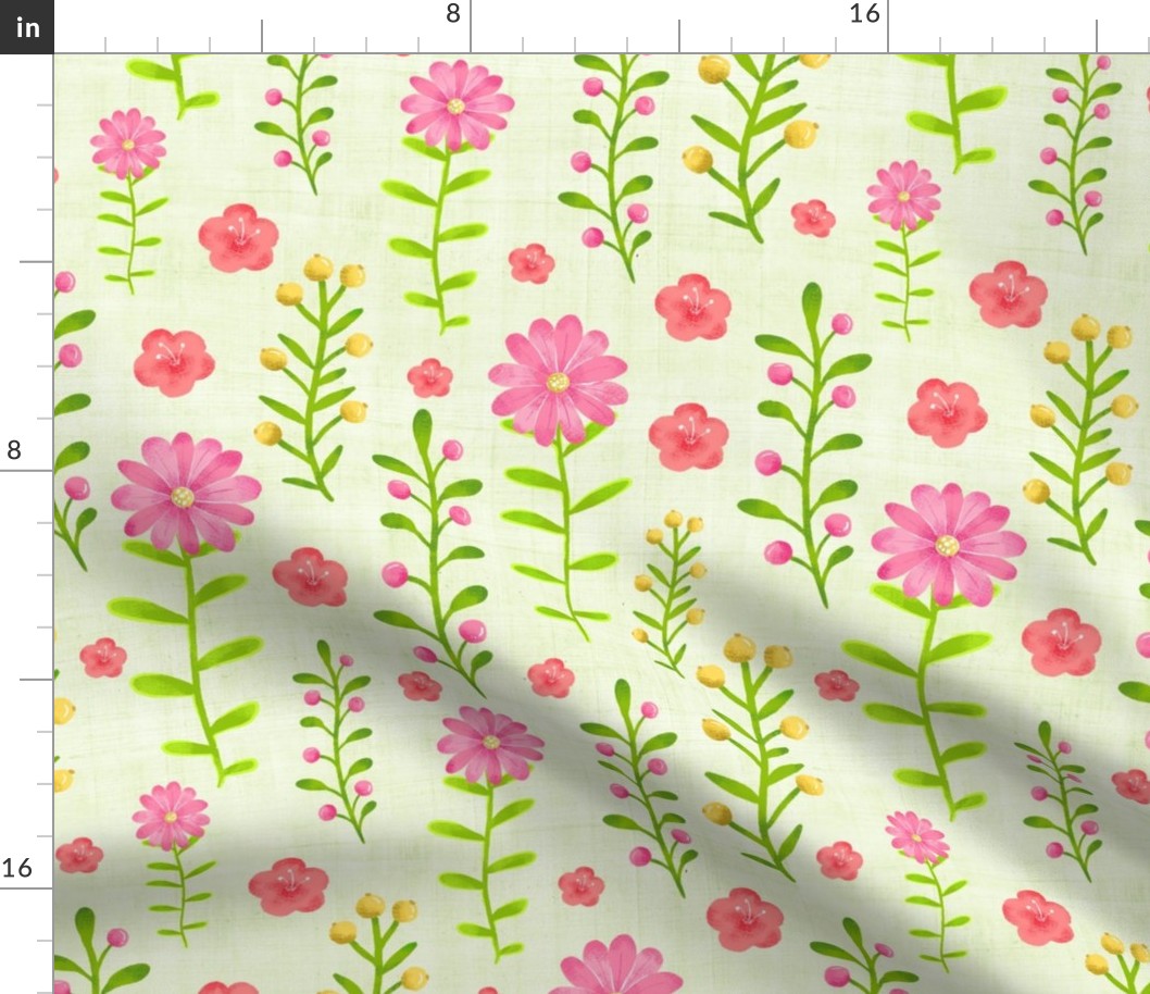 Large Scale Dainty Watercolor Floral Pink Yellow Green Stems and Flowers on Pale Green